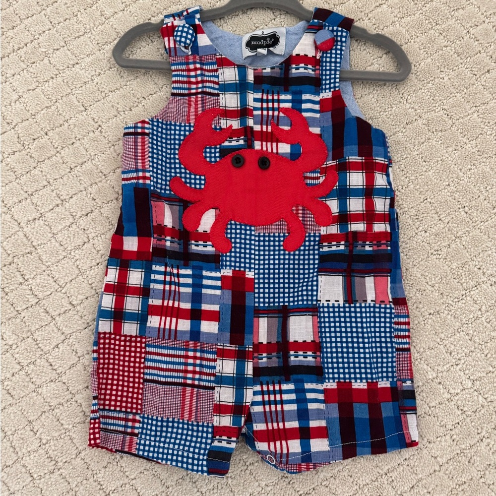 Mud Pie Patchwork Plaid Romper Jon Jon with Red Crab for Baby Boy